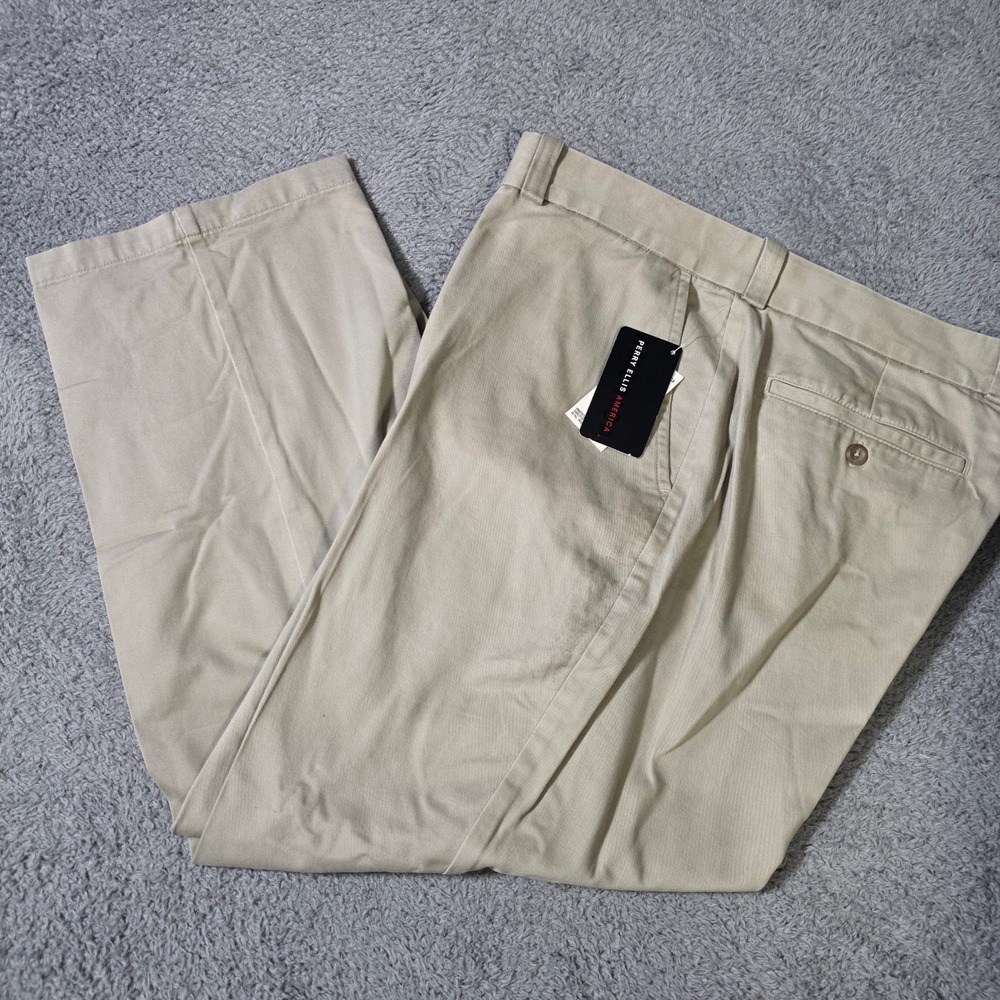 Perry Ellis America Mens 38x29 Chino Pants Khaki Tan Cotton Straight Leg E4FB006